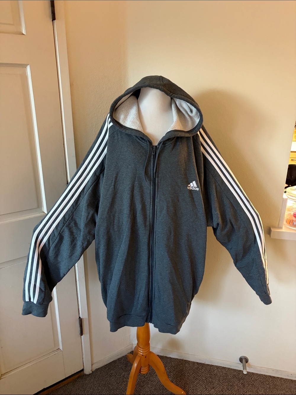 adidas Dark Gray Hooded Zip Jacket with White Stripes